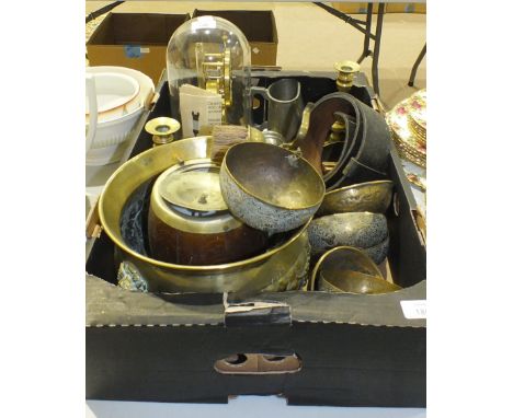 A brass circular planter and other metal ware.