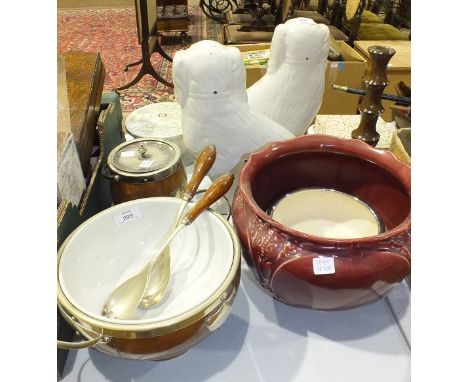 A pair of Staffordshire dog ornaments, 33cm high, a Shorter & Son bowl decorated with ducks in flight, an oak salad bowl with