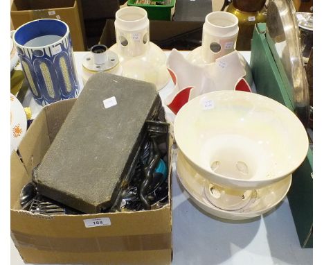 A brass hanging three-light fitting, various plated and other cutlery, ceramic light fittings etc.
