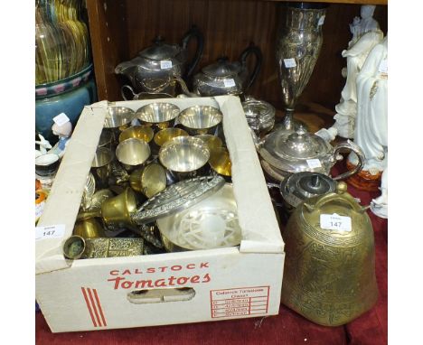 A four-piece plated tea service, an Art Nouveau style plated vase and other plated and brass ware.