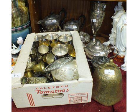 A four-piece plated tea service, an Art Nouveau style plated vase and other plated and brass ware.