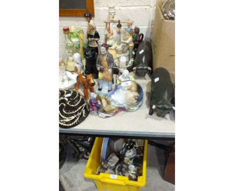 A SylvaC black-glazed model of a seated cat, no.1087, 17cm, a pair of Bols ceramic figural decanters of a Dutch maiden and yo