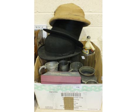 A Duke of Windsor pith helmet a Dunn & Co top hat and bowler hat, various pewter and metal tankards, a Schweppes soda syphon 