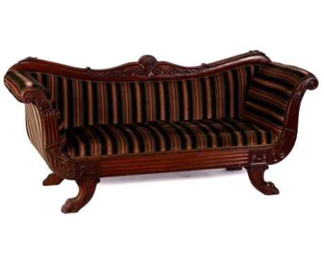 Mahogany veneer on pine sofa, with striped upholstery, standing on claw feet, in Empire style, 83 cm high, 185 cm wide