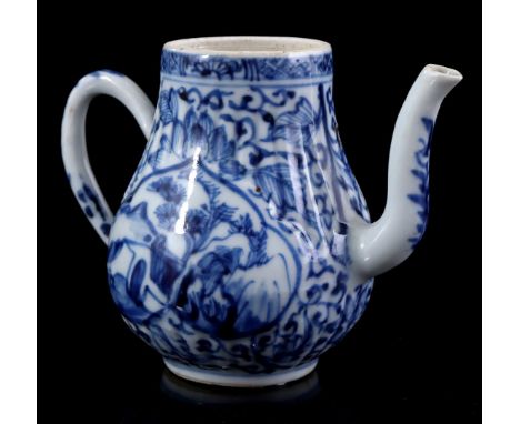 Porcelain teapot with blue landscape decor depicted in a cartouche and a floral pattern surrounding it, China Kangxi period c