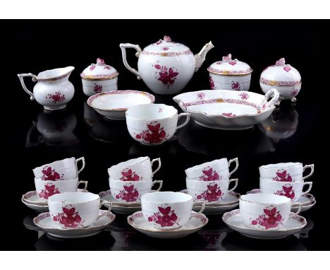 Herend Hungary porcelain tea set consisting of a teapot, 12 cups and 11 saucers, 3 lidded containers/sugar bowls, cream jug, 