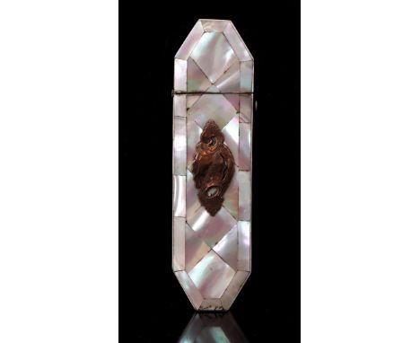 Glasses case glued with mother of pearl and decorated with copper decoration, 15x4 cm