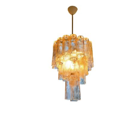 Tony Zuccheri (1936-2008)White lacquered metal 6-light chandelier with 26 partly gold-speckled (aventurine technique) glass c