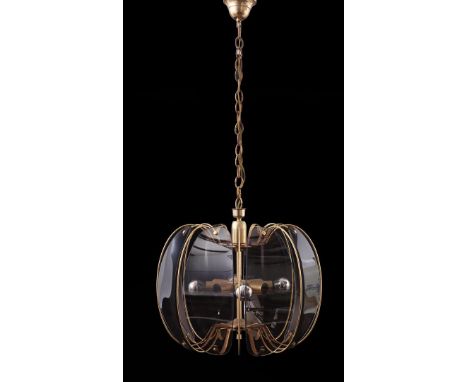 Brass Hollywood Regency 8-light hanging lamp with glass curved oval windows, 100 cm high, 45 cm diameter