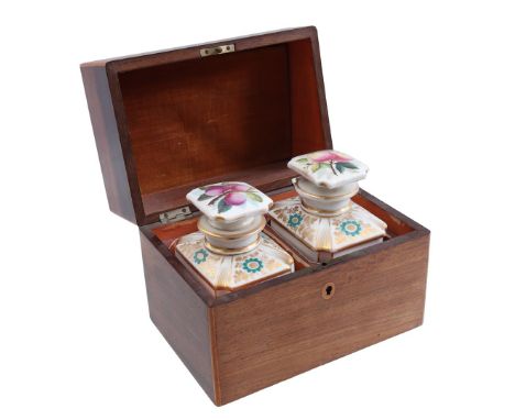 Rosewood veneer tea chest with porcelain tea caddy and lidded pot, chest 16.5 cm eye, 19x13 cm