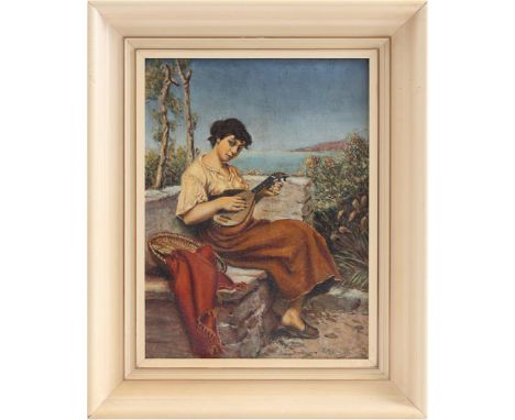 Unclearly signed, woman on bench by lake with musical instrument, canvas 40x30 cm