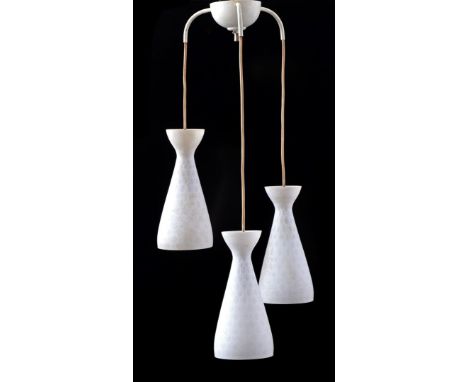 Alois Ferdinand Gangkofner (1920-2003)3-light hanging lamp with white glass lampshades with oval relief decor, design by Aloi