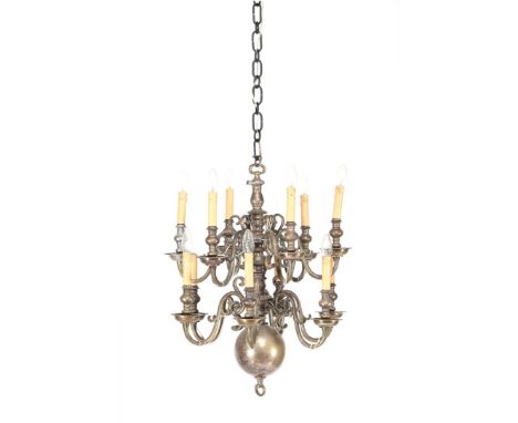 Double bronze 12-light ball crown, 72 cm high, 58 cm diameter with 94 cm chain