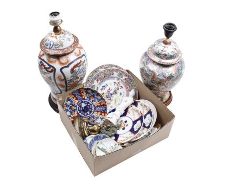 2 porcelain table lamp bases without shade, China 20th century, 46 cm and 51 cm high and box of various porcelain, China and 