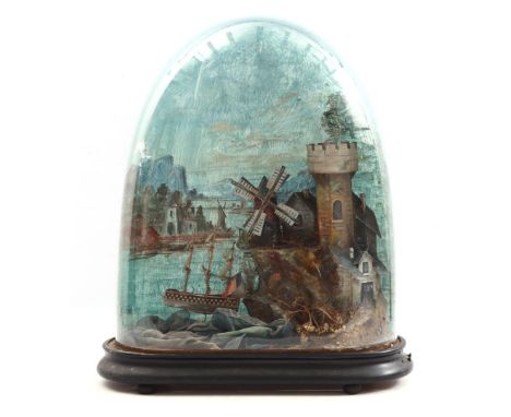 Showcase with scale model landscape under a glass bell jar, 57 cm high (fixer upper)