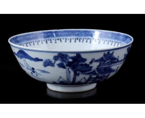 Porcelain bowl with blue landscape decor, Kangxi marked, China 19th century, 7 cm high, 18 cm diameter (chip)