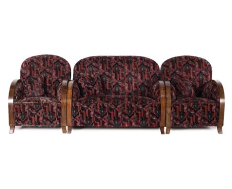 Art Deco lounge set consisting of a beech 2-seater sofa and 2 armchairs, completely later upholstered in the style of the 193