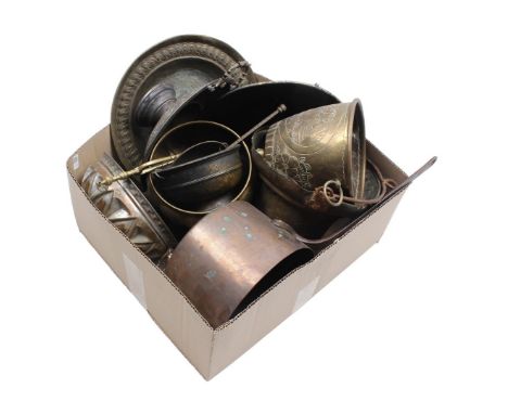 Box with copperware including shaving basin, flower pot, holy water bucket, saucepan, block with weights, etc.