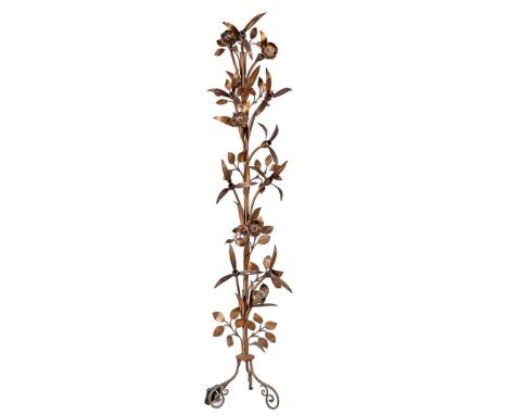 Gold-colored metal 13-light lamp in floral shape, 200 cm high (1 leaf loose)