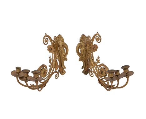 2 classic gold-colored metal 3-light wall chandeliers for candles, 32 cm high, 18 cm wide, 36 cm deep