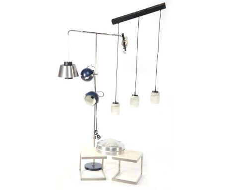 Mid-century lot consisting of 2 side tables, 3x Raak Amsterdam floor, wall and hanging lamp, and 2-light floor lamp with blue