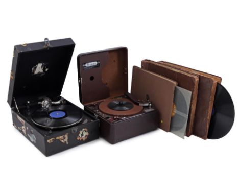 His Masters Voice suitcase record player, Recordon record player in bakelite cabinet and 3 albums with bakelite LPs