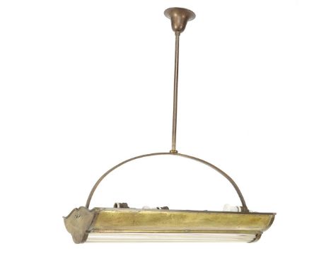 Transitional period Jugendstil - Art Deco, 4-light brass hanging lamp with glass rods and stylized flanks, Western Europe ear