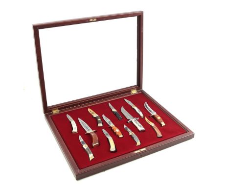 Wooden with glass display case with 12 Franklin Mint knives with Solingen blade, display case 54x69 cm