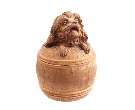Ceramic tobacco jar in the shape of a dog in a barrel, 18 cm high