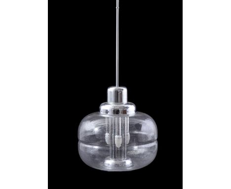 4-light chrome-plated metal hanging lamp with glass ball, second half of the 20th century, 106 cm high