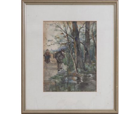Willem Bastiaan Tholen (1860-1931)Landscape with a woman on a sandy path and a farmer with a pipe, watercolor 36x27 cm