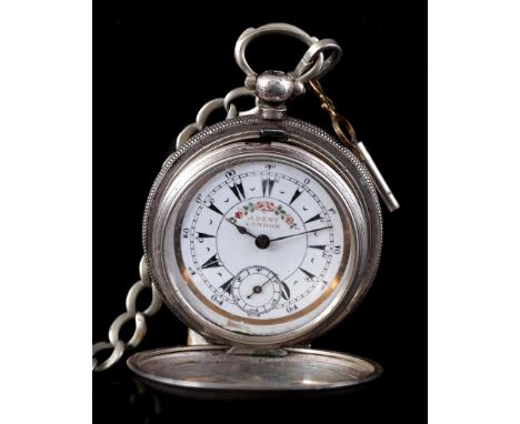 Waistcoat pocket watch in silver case marked 800, England ca. 1880, address J Dent London, case size is 47 mm (push button cr