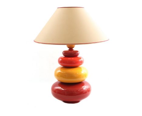 Red-brown with yellow ceramic table lamp, metal plate with Drimmer brand on the side of the base, ca. 1980, with yellow shade