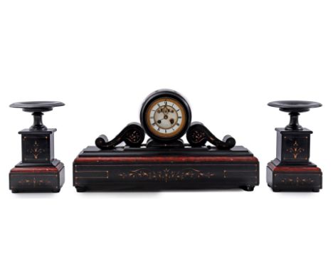 Black marble 3-piece mantel clock set, movement marked S. Marti, mantel clock 29 cm high, 54 cm wide, side compartments 25.5 