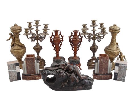 Lot of various candlesticks, cabinet for clocks, marble decorative pieces, the 5-light candlesticks are 45 cm high