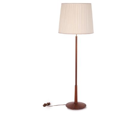 Walnut 2-light floor lamp with upholstered shade, country of origin unknown, ca. 1960, 167 cm high