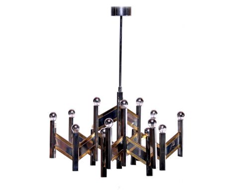 Gaetano Sciolari (1927-)Chrome-plated metal 15-light hanging lamp in herringbone shape, design Gaetano Sciolari, executed by 