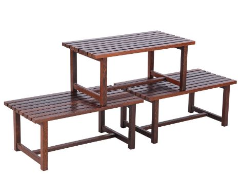 3x minimalist wenge slatted bench, Netherlands ca. 1960, 30 cm high and surface size 70x38 cm