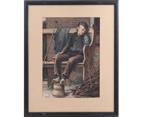 Cornelis Jetses (1873-1955)Boy with injured arm sitting on a bench, watercolor 38x28 cm