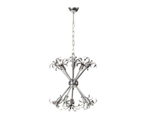 Chrome-plated metal 10-light Sputnik hanging lamp, 80 cm high, 42 cm diameter
