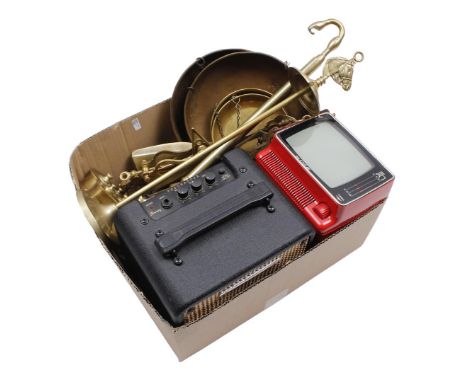 Troubadour amplifier, vintage TV (operation unknown), scales, balance and a fireplace set