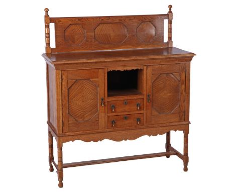 Oak sideboard with upstand, pearl frame around the sunken panels, 136 cm high, 117 cm wide, 43 cm deep