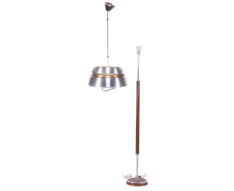 Aluminum hanging lamp with red interior (nut defect) and rosewood veneer floor lamp made by Herda, Netherlands 1960s, 141 cm 