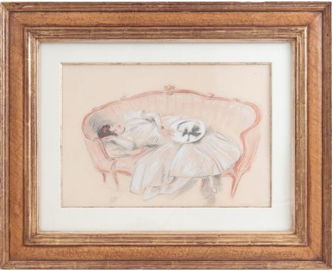 Signed Helleu, French School, lady on sofa, drawing 32x47 cm