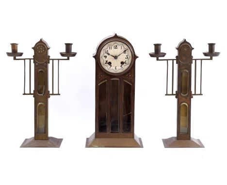 3-piece Art Deco clock set, clock is 36 cm high, the 2-light candlesticks are 34 cm high