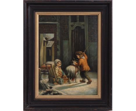 Unclearly signed, winter street with children playing with goat for a sled, panel 39x29 cm