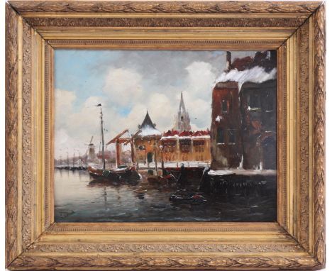 Signed Hiensch, cityscape after an old master, panel 35x41 cm