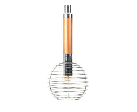 Teak and chrome-plated metal hanging lamp with open metal sphere, stickered Esperia, Italy approx. 1970, 80 cm high, 42 cm di