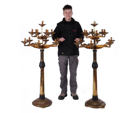 2 copper 13-light floor lamps with double crown, Art Deco style, with blackened accents, ca. 1930, 165 cm high