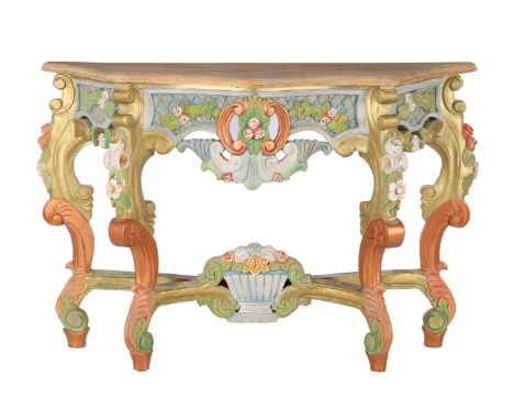 Teak wood richly decorated and polychrome colored console table, 81 cm high, 121 cm wide, 39 cm deep